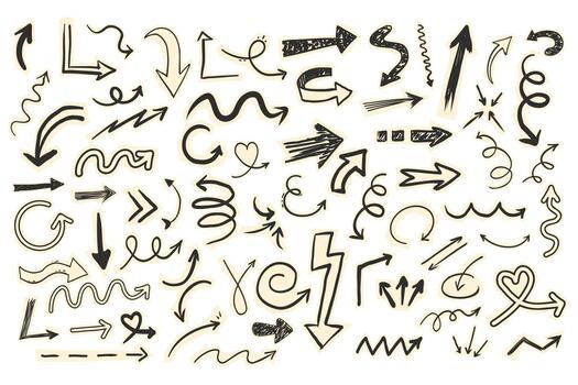 Scrapbook set with paper arrow cutout torn doodle scribble collage elements. Y2k swirl, up and down, right and left arrow collection. vector