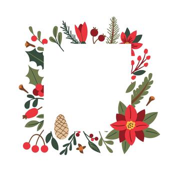 Winter background with copy space. Banner with rectangle frames decorated with botanical elements and berries on a white background. hand drawn illustration. vector