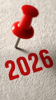 Red push pin marking year 2026 on textured paper background photo