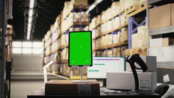 vervulling centrum met chroma sleutel Aan tablet behandeling levering onderhoud, bestellen verwerken met een scanner en computer Bij de bureau. groot bedrijf werkzaamheid met betrouwbaar logistiek en verpakking. video