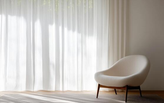 A chair and a window with white curtains photo