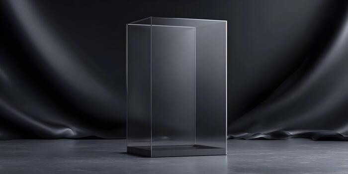 An empty clear glass display case stands in a dark studio setting with a draped fabric backdrop and concrete floor photo