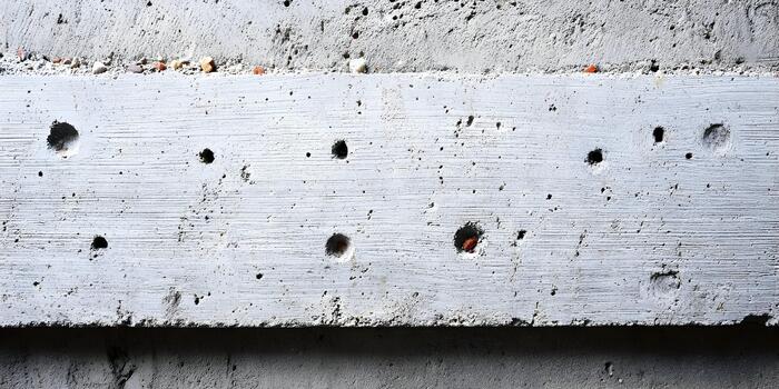 A detailed close up of a rough gray concrete wall with visible holes and horizontal lines creating a textured grunge background photo