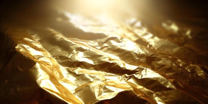 A close up view of crumpled gold foil glistening with bright light creating a luxurious abstract background texture photo