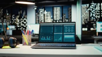 Empty business space at midnight showcasing data reports and analytics, city lights at night in the company boardroom. Modern workspace with financial projections graphs for management. video