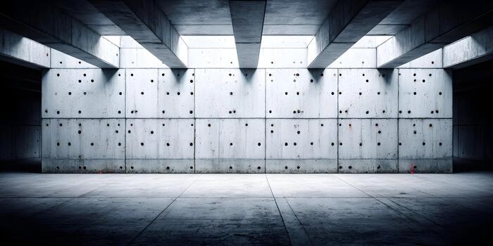 un vacío arquitectónico espacio construido desde crudo hormigón con geométrico formas y dramático Encendiendo foto