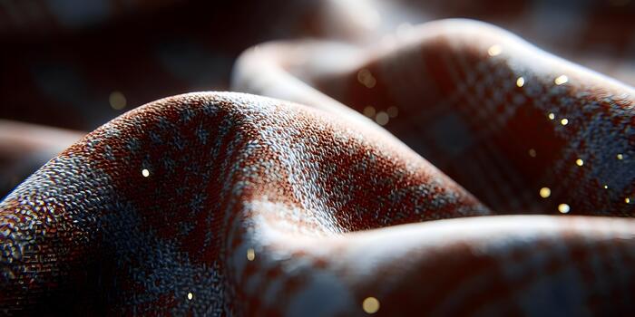 A macro view reveals the intricate texture of a knitted fabric with warm red and dark blue threads illuminated by sparkling golden bokeh lights photo