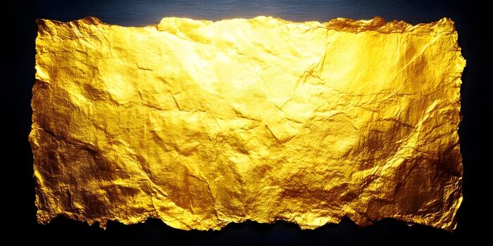 A sheet of shimmering crumpled gold foil with rough edges is illuminated against a dark background creating a luxurious texture photo