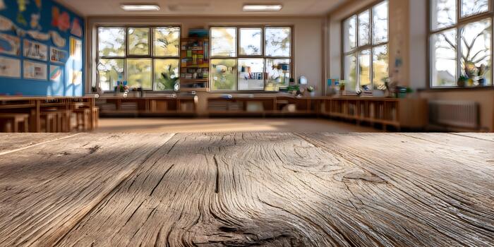 An empty rustic wooden table with a sunlit classroom and bright windows in the blurred background photo