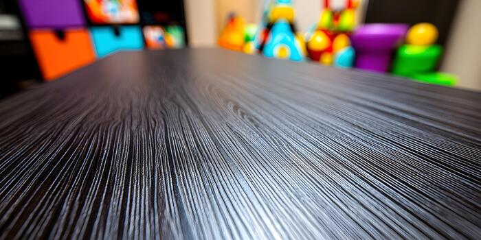 A close up of a dark textured surface with colorful blurred objects in the background photo