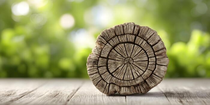 A textured wood log slice with distinct tree rings rests on a weathered wooden surface against a soft green bokeh background photo
