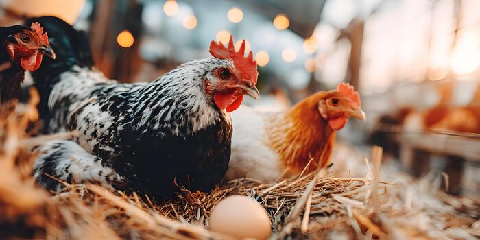 A black and white hen with a bright red comb sits on a nest of straw with a fresh egg in a warm rustic farm setting photo