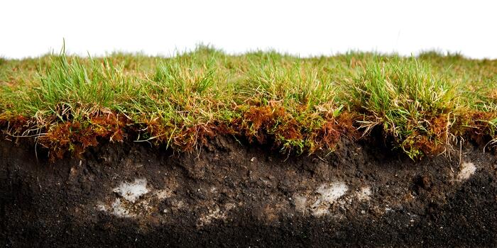 A close up view of a grass and soil cross section showing roots and layers of earth with a white background photo