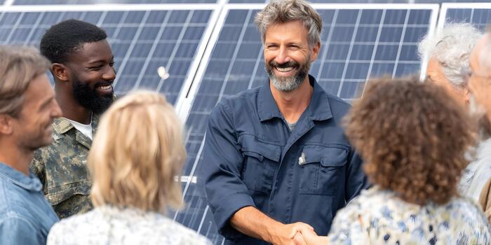 A smiling diverse group including a male engineer shakes hands with a team member in front of a solar panel array photo