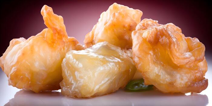 Appetizing sweet fried pastries with a syrupy glaze are displayed on a shiny white surface with a red gradient background photo