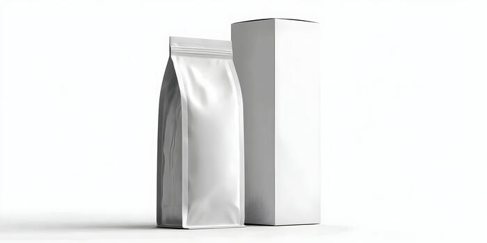 A white stand up pouch and a tall rectangular box are presented on a clean white background ideal for product mockups and branding photo
