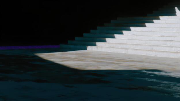 Steps leading to light with shadows at dusk photo