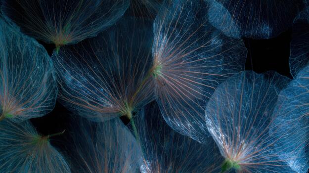 Beautiful blue petals illuminated by soft light in close-up photo