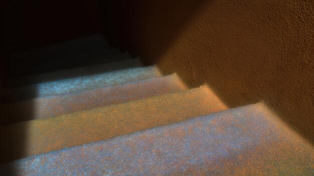 Colorful light patterns on stairway leading down photo