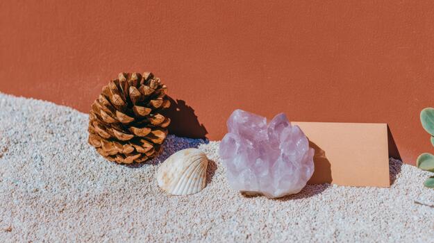 Decorative natural elements on white sand with a backdrop photo