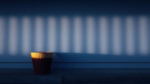 Shadows and light play on a street with a trash can photo