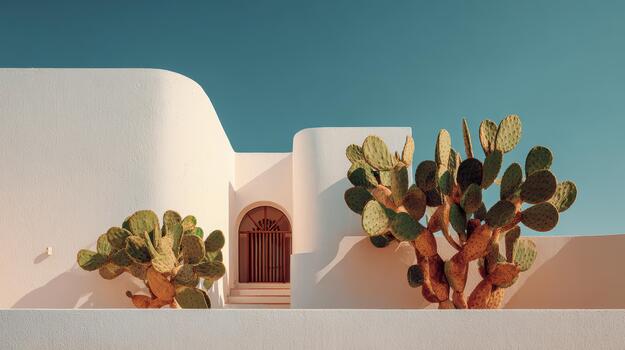 Beautiful white building with cacti in sunny location photo