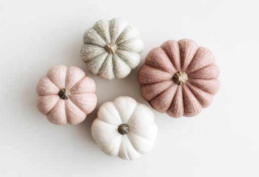 Decorative pumpkins in soft colors on a plain background photo
