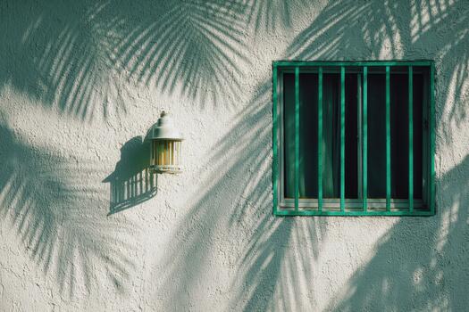 Shadows of palms cast on a white wall with green window photo