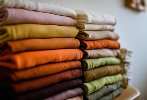 Stacked fabric textiles in warm colors at a workshop photo