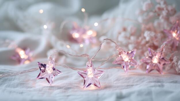 Decorative star string lights on soft fabric background photo