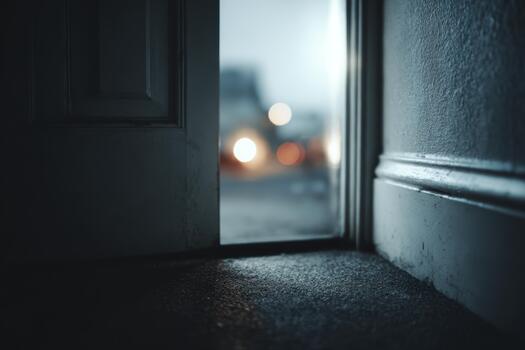 Light glowing through an open door in a dim hallway photo