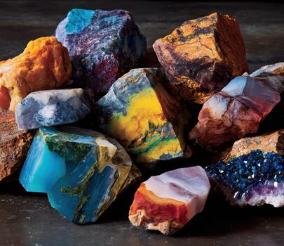 Colorful gemstones and minerals arranged on a dark surface photo