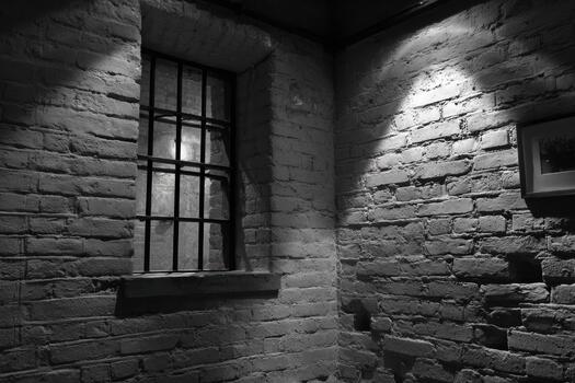 Dark room with window and barred metal grating photo