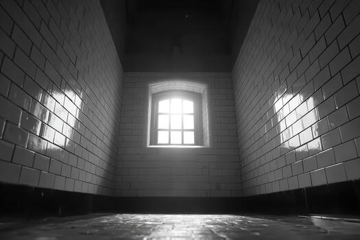 Light filtering through a small window in a tiled room photo