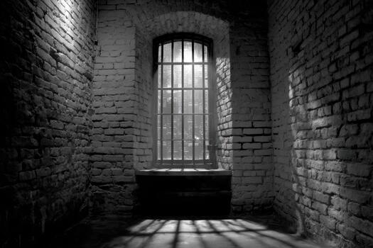 Shadowy corner of an empty cell with barred window photo