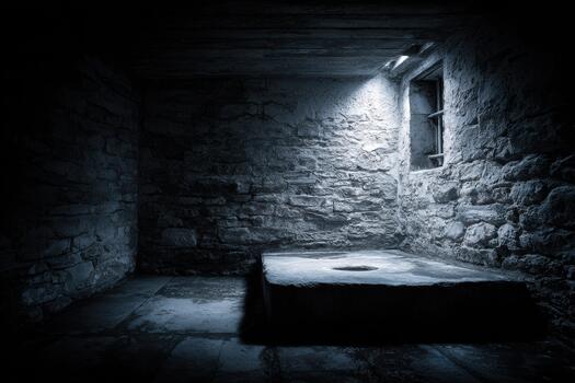 Dark stone room with a single light source and window photo