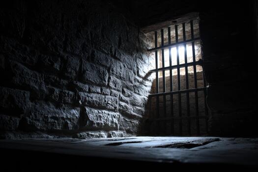 Light shines through the bars of an old stone prison cell photo