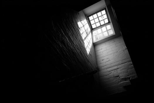 Light shining through a window in a dim stairwell photo