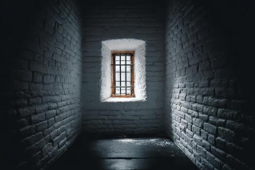 Dark, isolated room with barred window and stone walls photo
