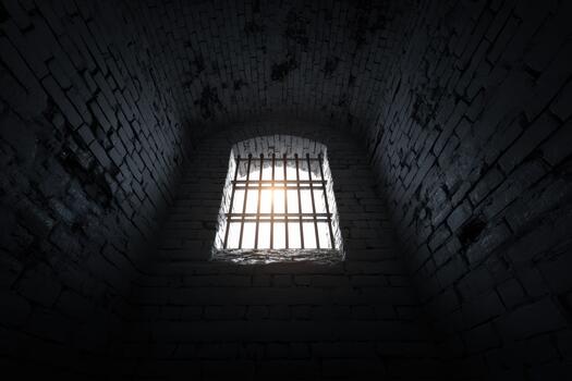 Light shines through a barred window in a dark cell photo