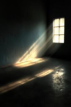 Sunlight beams through a dusty window in a dark room photo