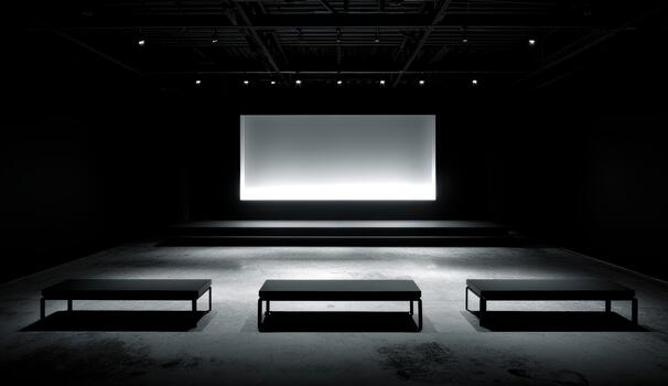 Art exhibition space with minimal lighting and seating photo
