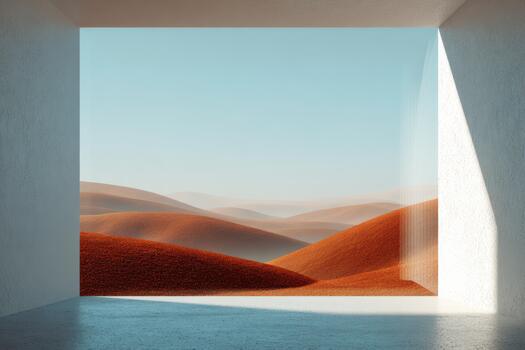 Desierto paisaje visto mediante un moderno abierto ventana foto