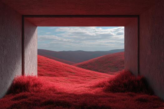 Vibrant red hills seen through a wide window frame photo