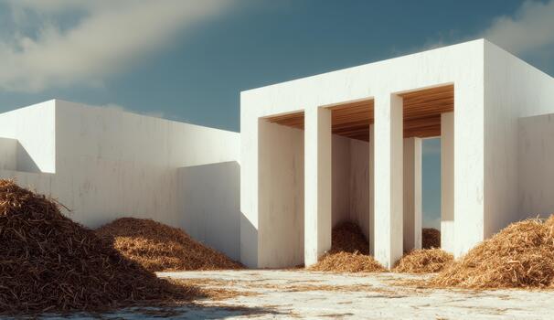 Modern architecture meets natural materials in fields photo