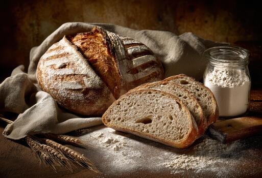 Freshly baked bread on a rustic table with flour photo