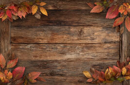 vistoso otoño hojas marco un rústico de madera antecedentes foto