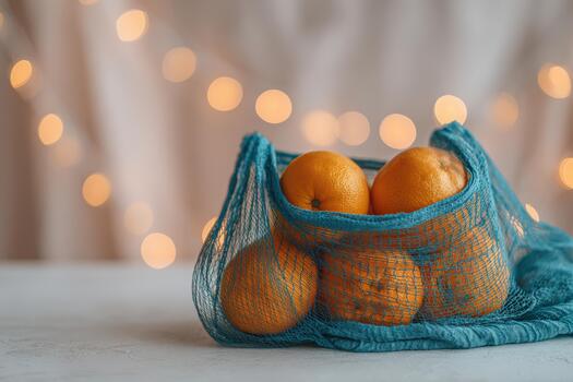Fresh oranges in a blue mesh bag with festive lights photo