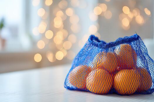 Fresh oranges in a blue mesh bag on a table photo