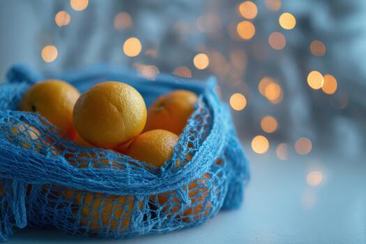 Fresh oranges in a blue mesh bag on a festive background photo
